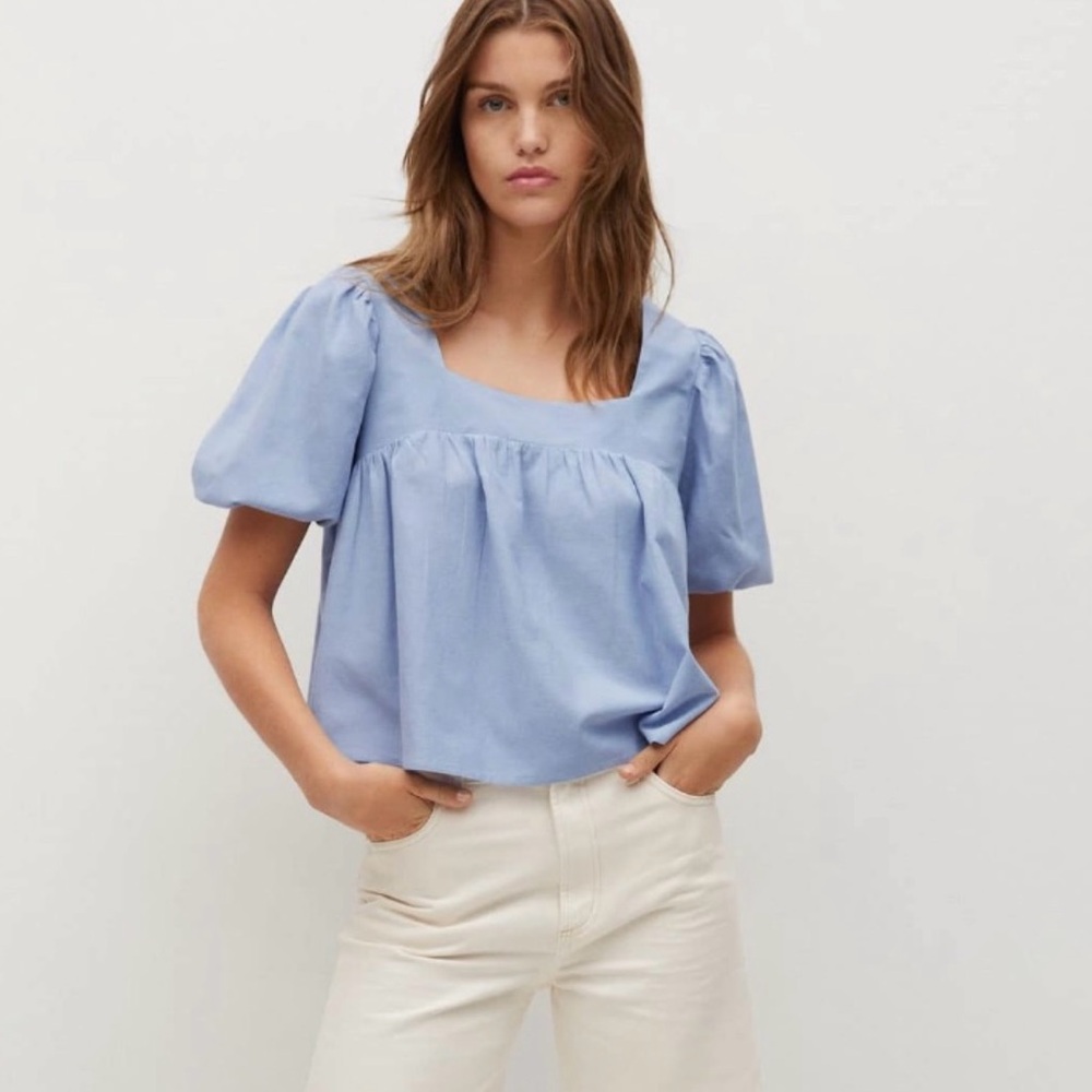 Mango Cropped Blue Puff Sleeve Blouse